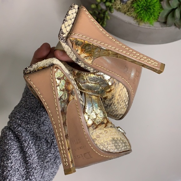 Vintage Christian Dior python square toe Jeweled gold sling back stiletto - Picture 14 of 16